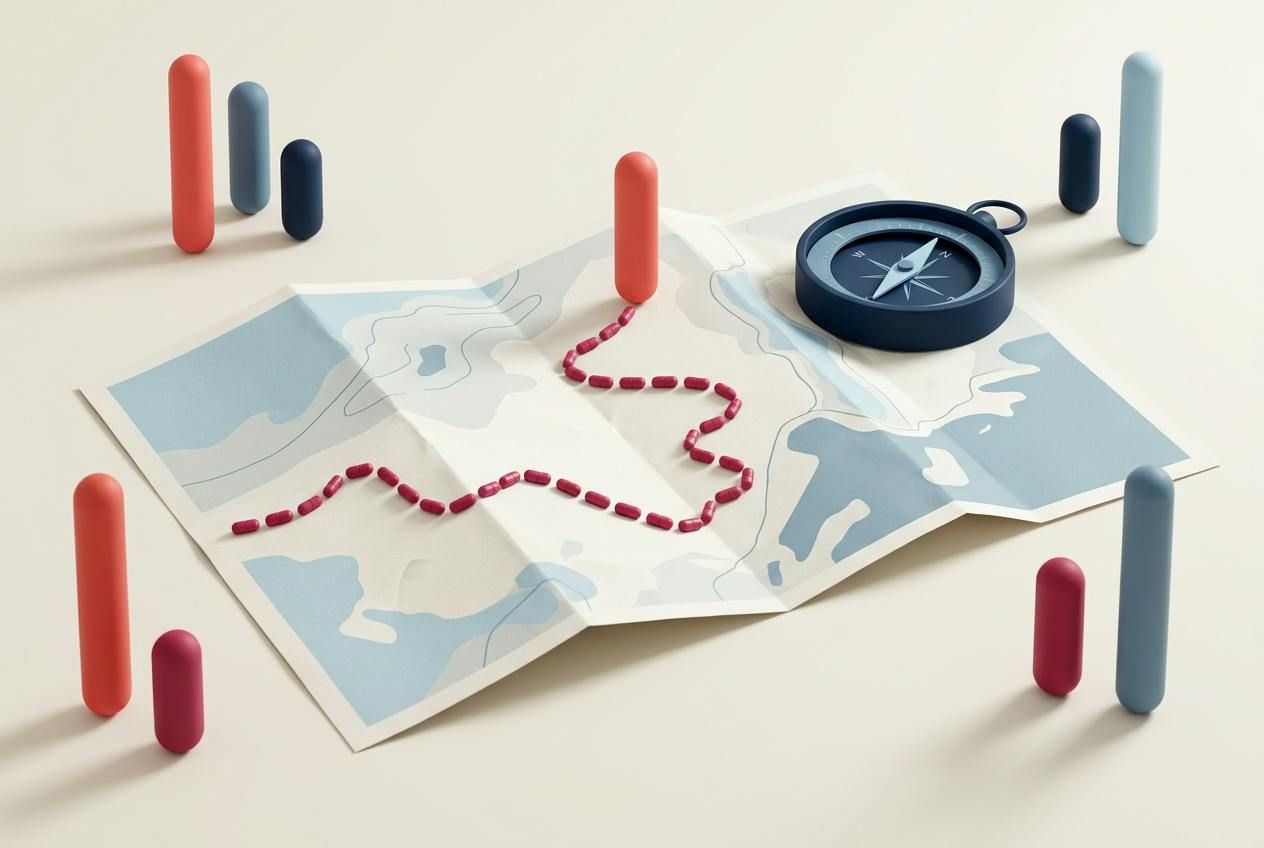 Un mapa de papel con una ruta de puntos que termina en una chincheta coral y una brújula.