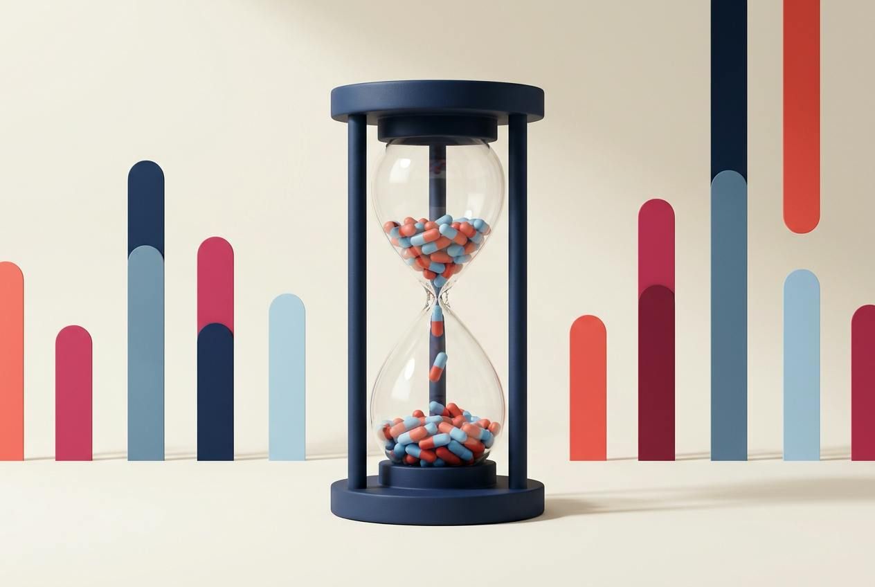 Un reloj de arena en el que caen pequeñas cápsulas de colores en lugar de arena.